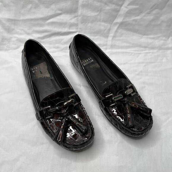 Stuart Weitzman Women's Rascal Patent Leather Croc Embossed tasseled Loafers 6 - Picture 2 of 13